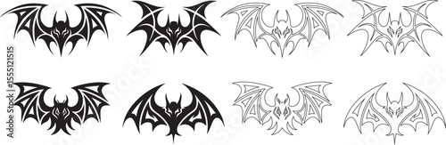 Flying Bat Silhouette and Outline Set for Halloween Designs