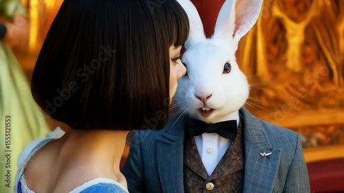 Beautiful Alice met a white rabbit, Alice in Wonderland, characters communicate with each other, Alice is surprised by the talking rabbit