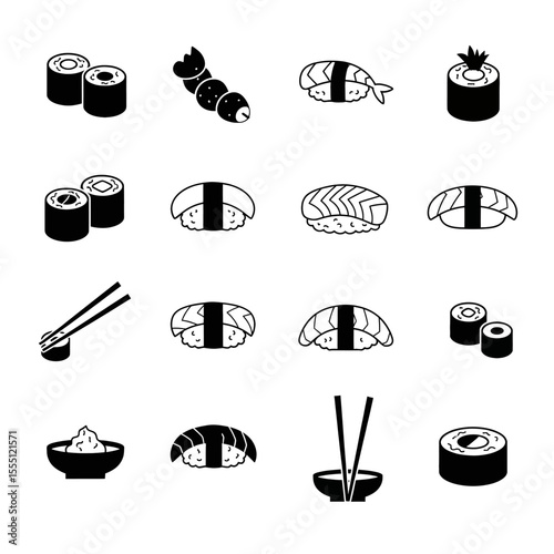 A modern, minimalist icon set uses a stylish mix of black silhouettes and line art to depict various types of sushi and dining accessories. Vector Icon Set