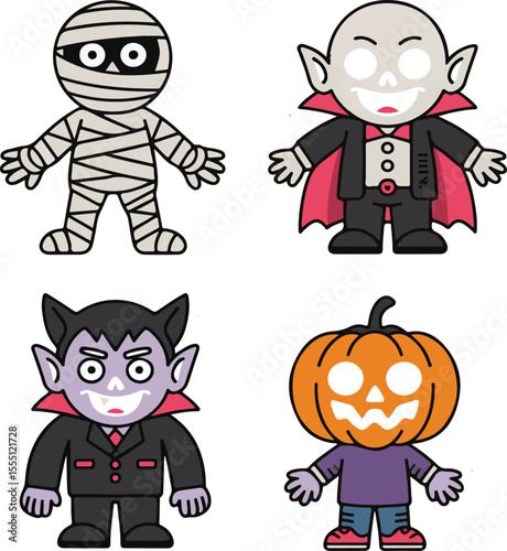 Cute cartoon halloween characters including a mummy vampire pumpkin and dracula in flat style