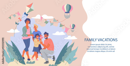 Set of happy traditional heterosexual families with children. Smiling mother, father and kids. Cute cartoon characters isolated on white background. Colorful vector illustration in flat style.