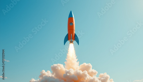 Toy Rocket with Bright Orange Body and Blue Nose Cone Launching with White Smoke Clouds Dynamic Action Pose