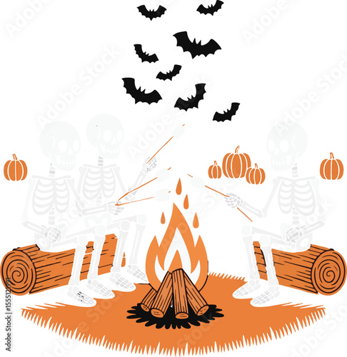 Halloween illustration with skeletons roasting marshmallows around a bonfire with bats and pumpkins