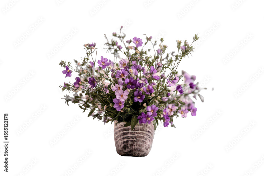 Naklejka premium Charming miniature flower arrangement showcasing delicate purple blossoms in a rustic woven vase for a serene indoor atmosphere