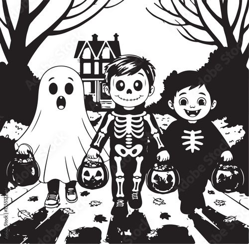 Happy kids in halloween costumes trick or treating along a spooky cobblestone pathway