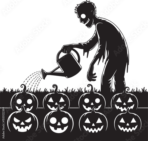 Silhouette of a zombie watering carved pumpkins in a spooky halloween garden