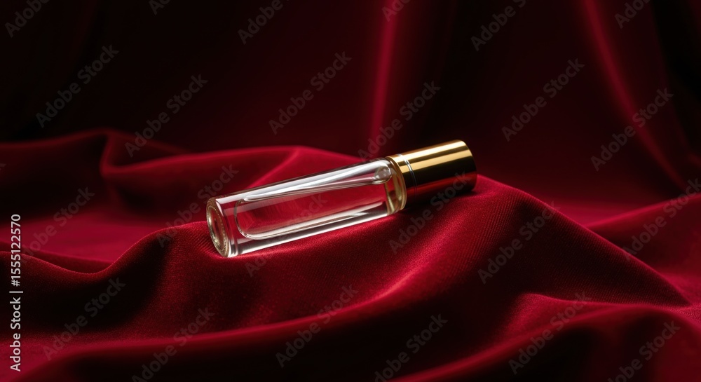 Naklejka premium small glass perfume bottle with golden cap on red velvet fabric