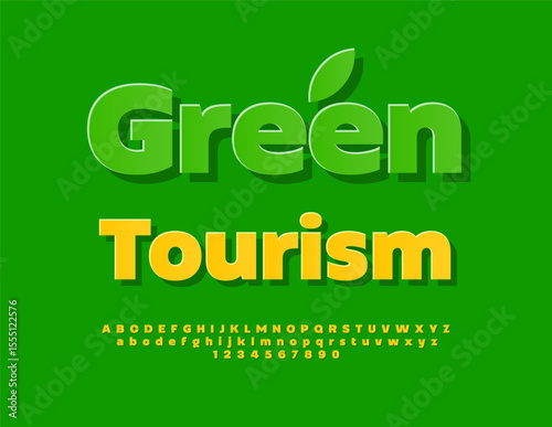 Vector Activity sign Green Tourism. Sunny Yellow Font. Classic Alphabet Letters and Numbers set