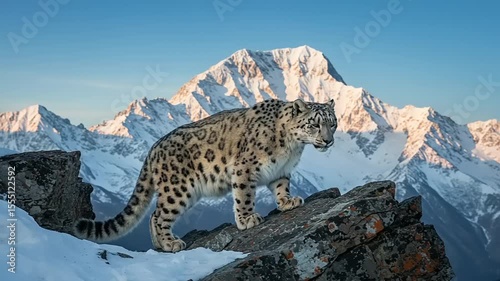 Snow Leopard on Mountain Peak