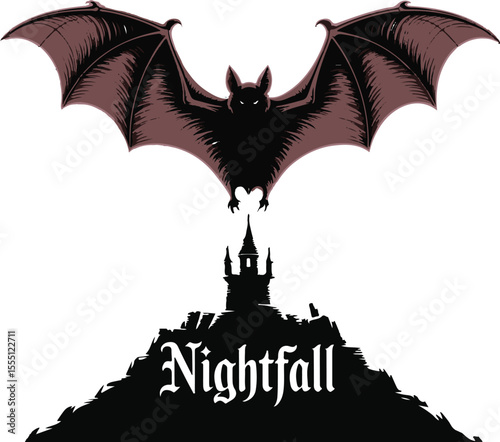 Spooky halloween nightfall scene featuring a bat above gothic castle and silhouette