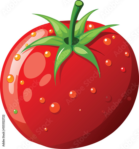 Vector art of a ripe red tomato with water drops is isolated on white background
