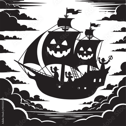 Spooky halloween pirate ship silhouetted against cloudy sky vector illustration