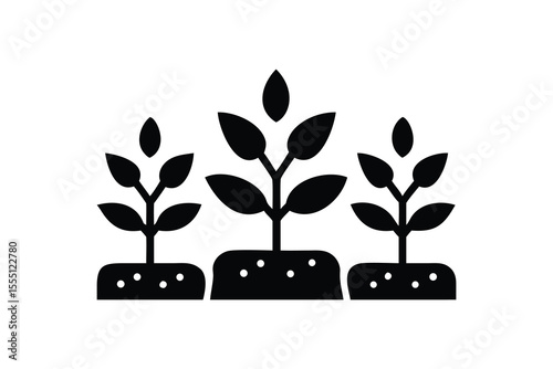 Three Young Saplings Growing in Rich Soil:  A Symbol of Growth, Sustainability, and New Beginnings, Illustrated in a Minimalist Black and White Style, Representing  Environmental Conservation and Corp
