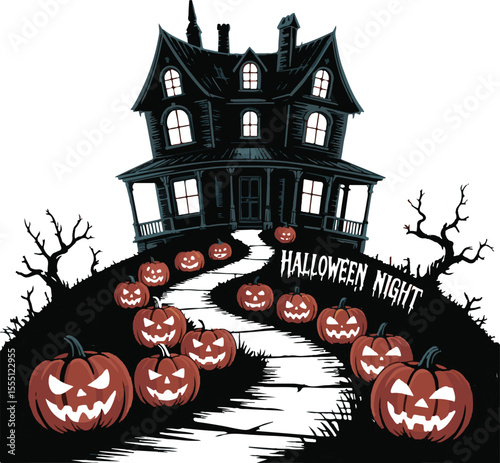Spooky halloween night scene featuring a haunted house and jack o lanterns along the pathway