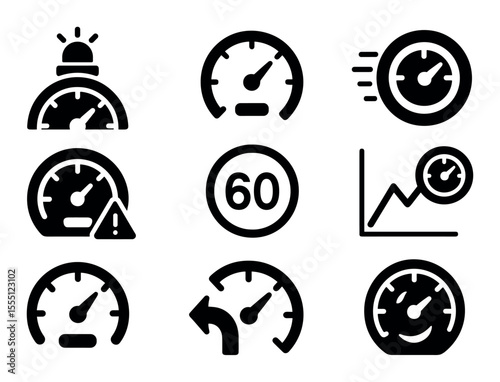 Speed and performance silhouette icon set. acceleration, gauge, dashboard collection