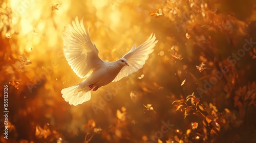 White dove in flight, wings spread, amidst autumn leaves and golden sunlight.