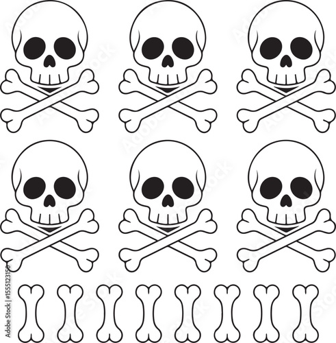 Vector illustration featuring a repeating pattern of skulls and crossbones in black and white