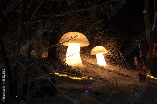 Photography Copenhagen Light Festival: Glowing mushrooms in Remiseparken in snow, Denmark