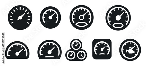 Speedometer, tachometer solid icon set. automotive, dashboard gauge solid collection