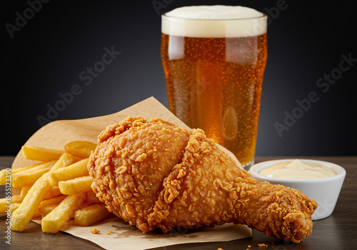 Fast food tray featuring crispy fried chicken, golden fries, and a refreshing soft drink for a quick meal. photo