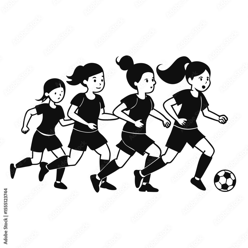 Obraz premium Line art illustration of four female soccer players running with a soccer ball team sport black and white vector isolated on white background