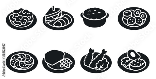 Food and cuisine solid icon set. dishes, meals, culinary symbols collection