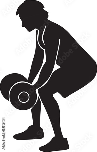 Silhouette of a man lifting dumbbells in squat position for strength training. Black vector illustration of gym exercise and workout routine. Perfect for fitness, health, and sports designs.