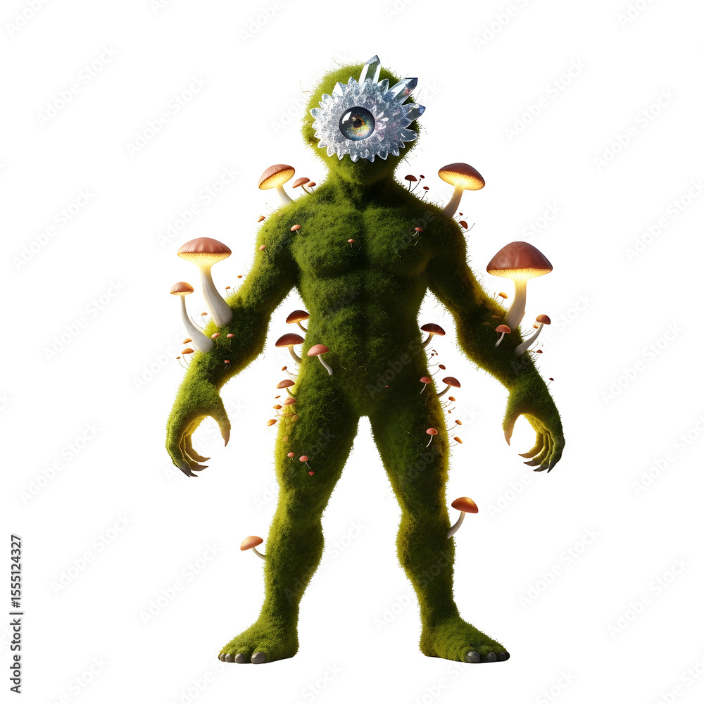 Fototapeta premium A moss-covered humanoid figure stands against a transparent background adorned with glowing mushrooms and a single eye-like structure emitting light. The character design evokes nature and fantasy.