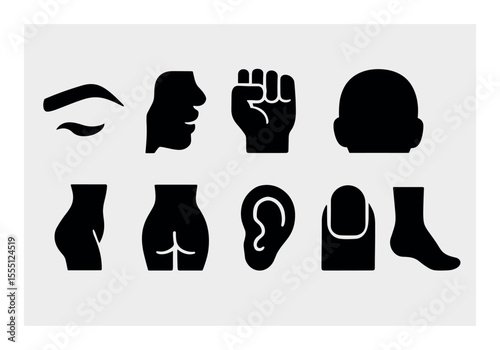 Human body silhouette icon set. anatomy, parts, symbols in a simplistic silhouette style