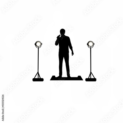 Silhouette of a person performing spoken word poetry on a small stage on white background