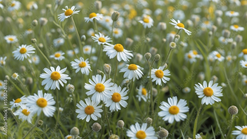Fototapeta premium Field of daisies with white petals and yellow centers in a grassy area. Nature and flowers, serene scene. Springtime and floral bloom.