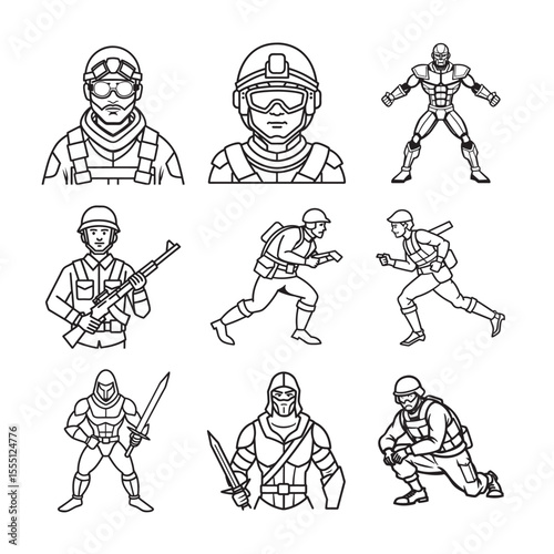 line art of armored soldier digital scanning set bundle  on the white background