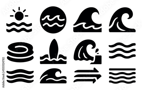 Water, beach, wave solid icon set. surfing, ocean elements solid collection