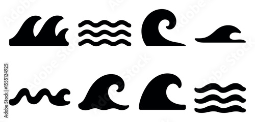 Wave silhouette icon set. ocean, sea, water symbols in silhouette style