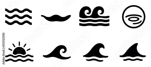 Ocean, waves silhouette icon set. marine, sea life icons silhouette collection