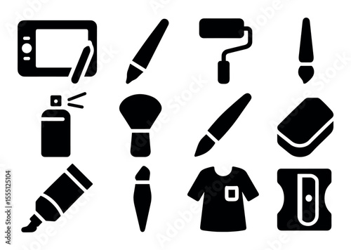 Art tools solid icon set: paintbrush, marker, and more tools collection