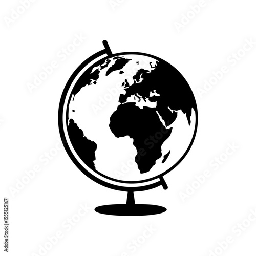 Black and white illustration of a globe on a stand isolated on transparent background
