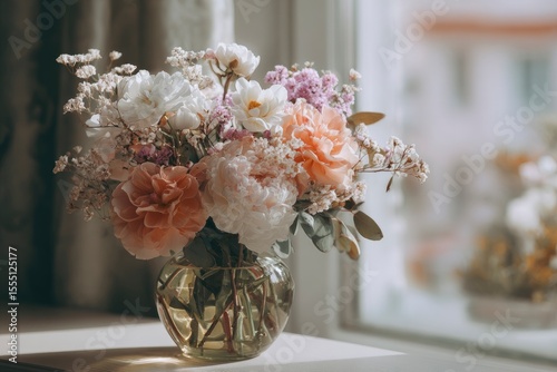 Fototapeta Naklejka Na Ścianę i Meble -  Floral arrangement with peonies lilacs and babys breath in a glass vase sitting on a windowsill in soft light