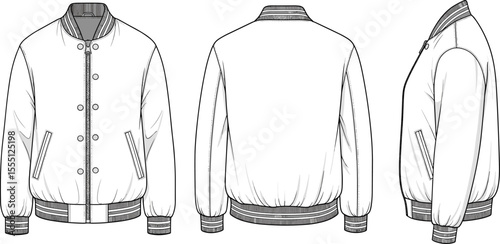 Bomber jacket front, back and side view, fashion cad drawing, technical flat sketch, apparel design template, vector illustration