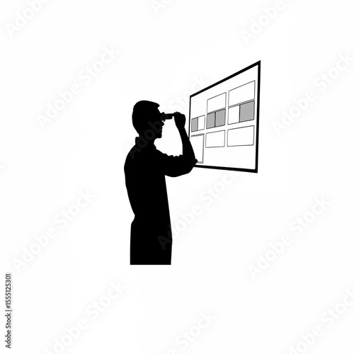 Silhouette of a person using augmented reality glasses for business planning on white background
