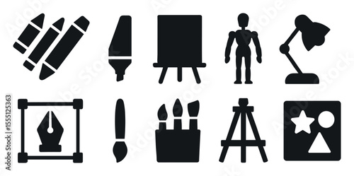 Art tools solid icon set. creative supplies visual collection for artists