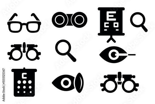 Vision, optometry solid icon set. eye care, glasses, and optician tools icons