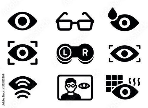 Vision, optics solid icon set. eye, glasses, contact lenses collection