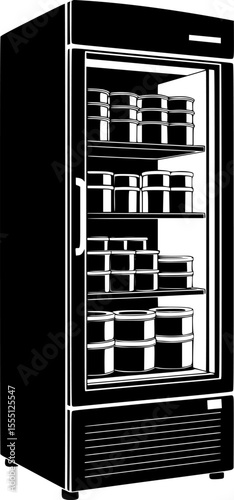Black and white image of a commercial refrigerator with items inside
