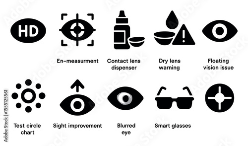 Vision care solid icon set. eye health, contact lens, warning icons solid collection
