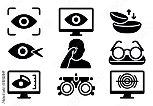 Vision and ophthalmology solid icon set. eye, glasses, optometry icons solid collection