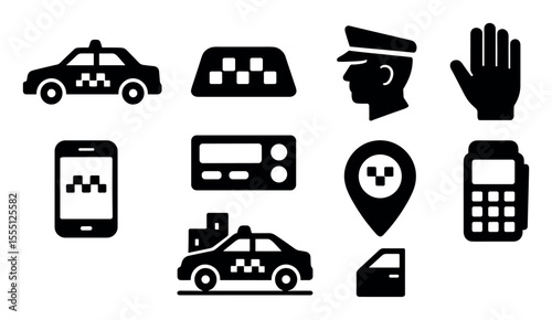 Taxi service solid icon set. vehicles, transport, driver tools solid collection