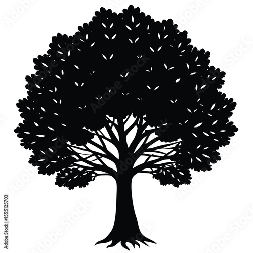 A detailed black silhouette of a large deciduous tree with many branches and leaves