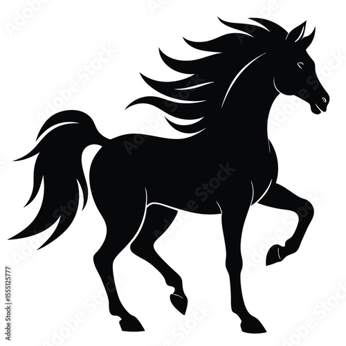 Elegant black horse with flowing mane and tail in a dynamic pose silhouette