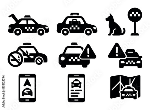 Taxi, transportation solid icon set. includes map navigation, car alert symbols